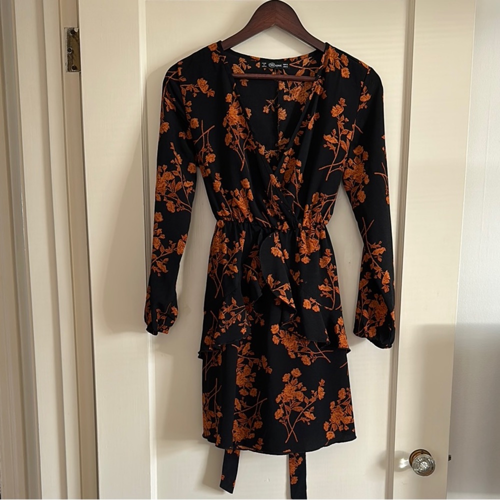 Floral Wrap Dress in Black and Orange